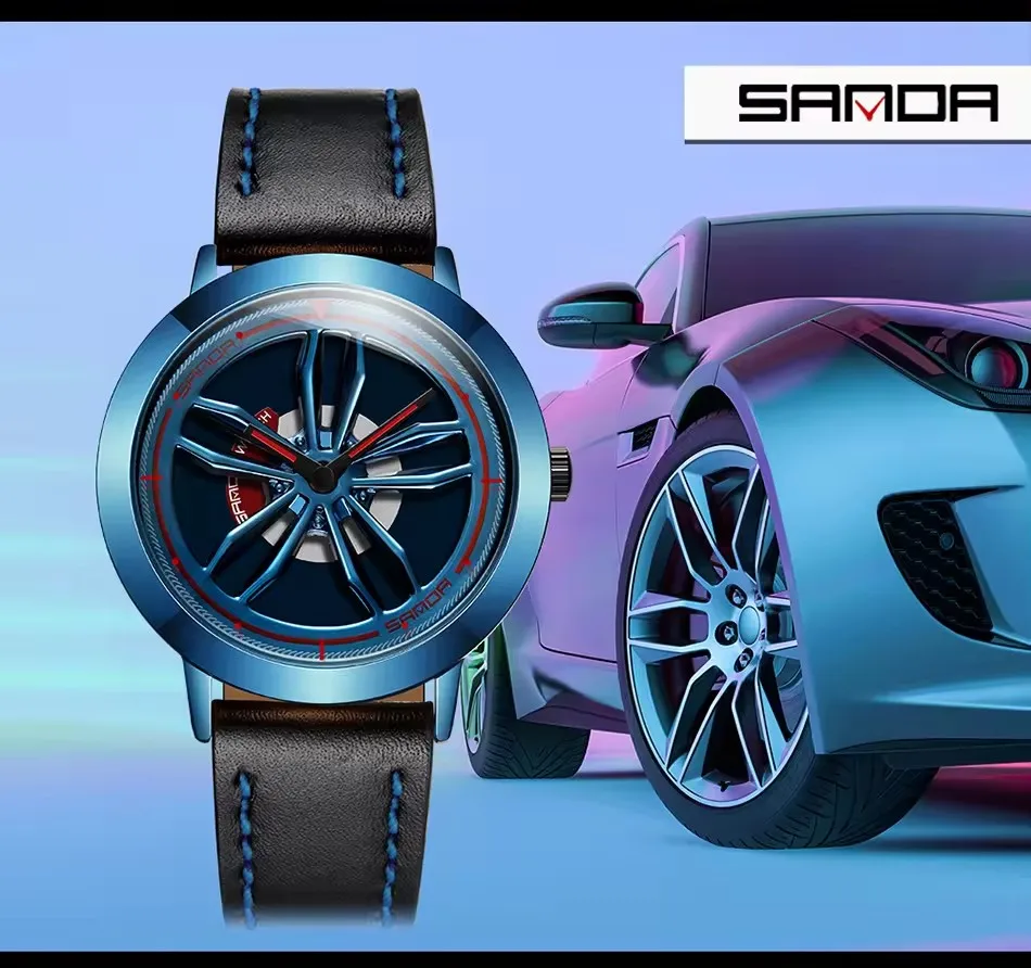 Sanda Rotating Car Wheel Dial Sports Watch Quartz Wristwatch Men Stainless Steel Case Leather Band Watch Relogio Masculino 1010