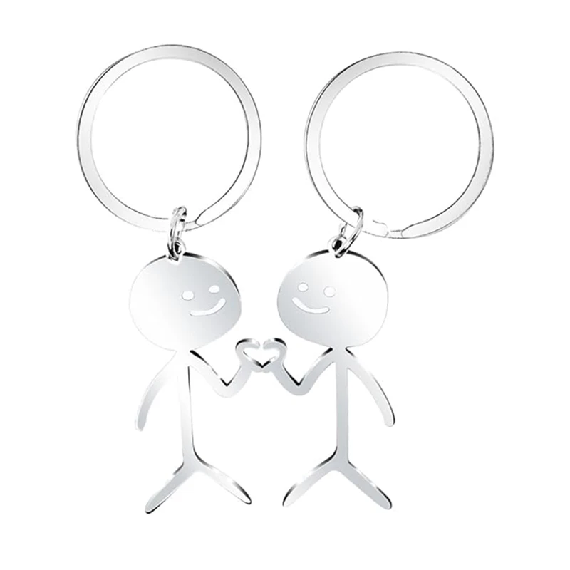 Stickman Matching Couple Keychain Heart Gesture with Hands Custom Silver Color Stainless Steel Keychain for Thanksgiving Gift