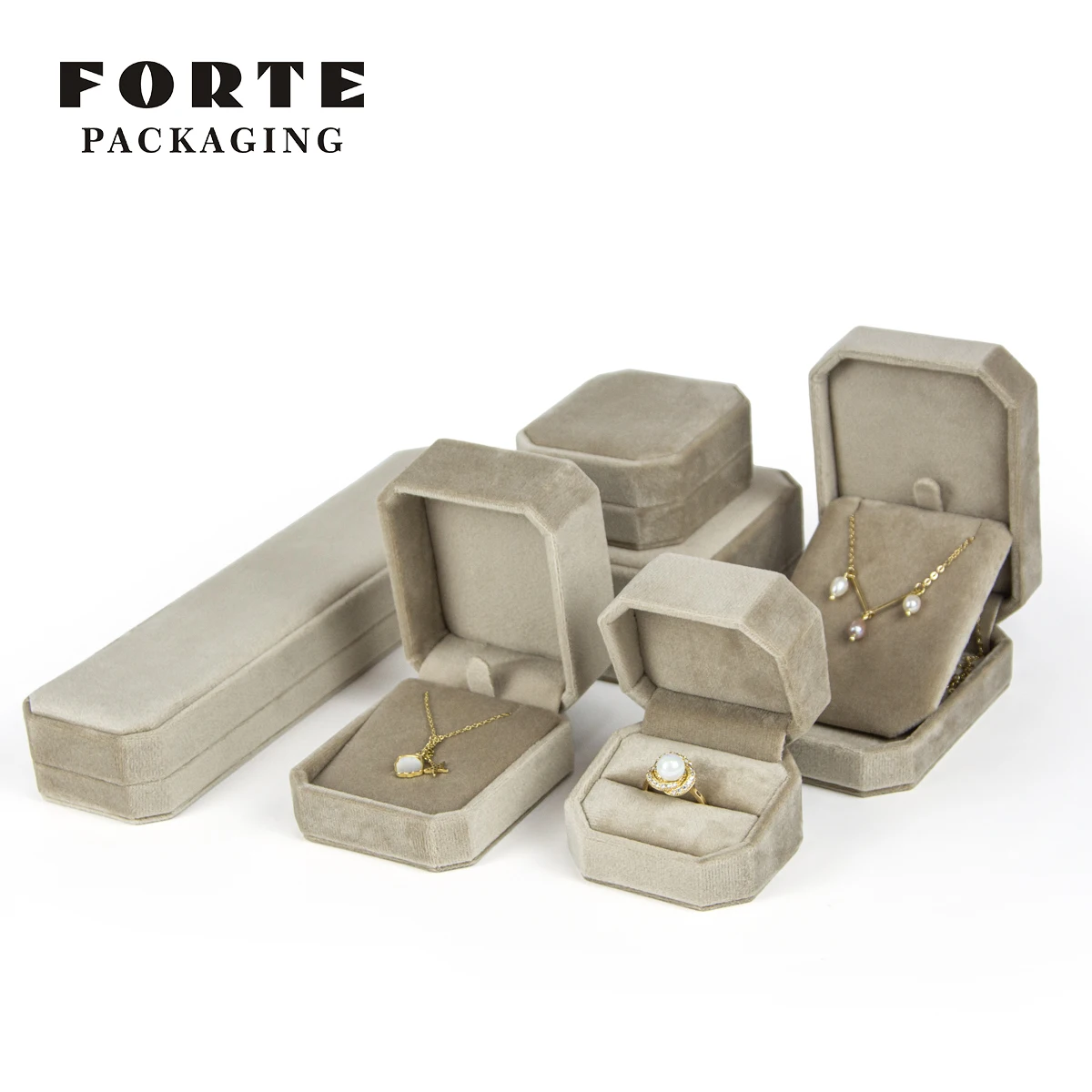FORTE Factory Custom New Design Luxury Ring Necklace Bracelet Jewelry Box Octagonal Shape Velvet Jewelry Packaging Box With Logo