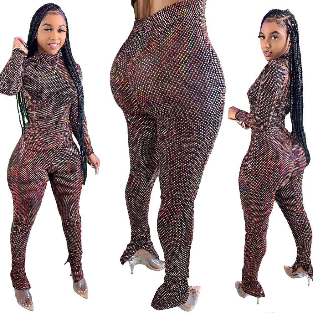 
2021 Clothing B9263 Dropshipping gold stamping elastic bodycon women two piece pants set casual 