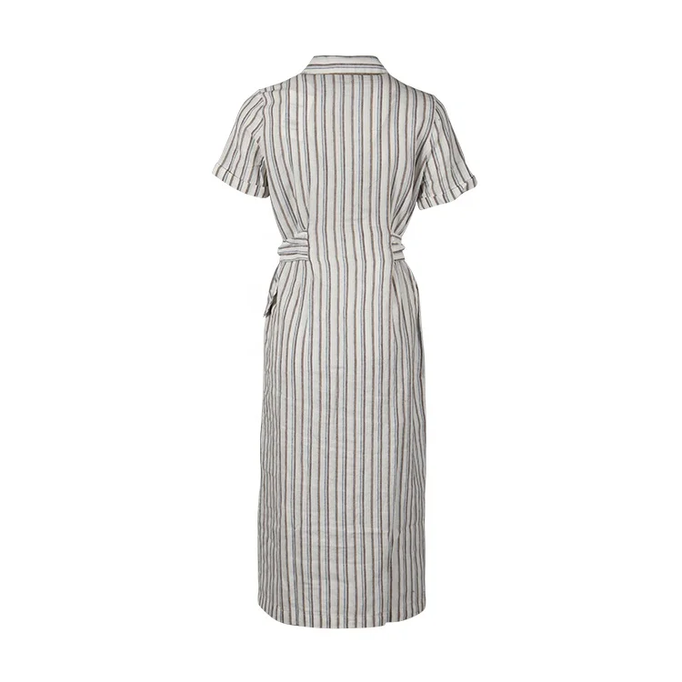 Made in China custom stylish yarn dyed stripe long corset waist clothes shirt dresses women casual with belt