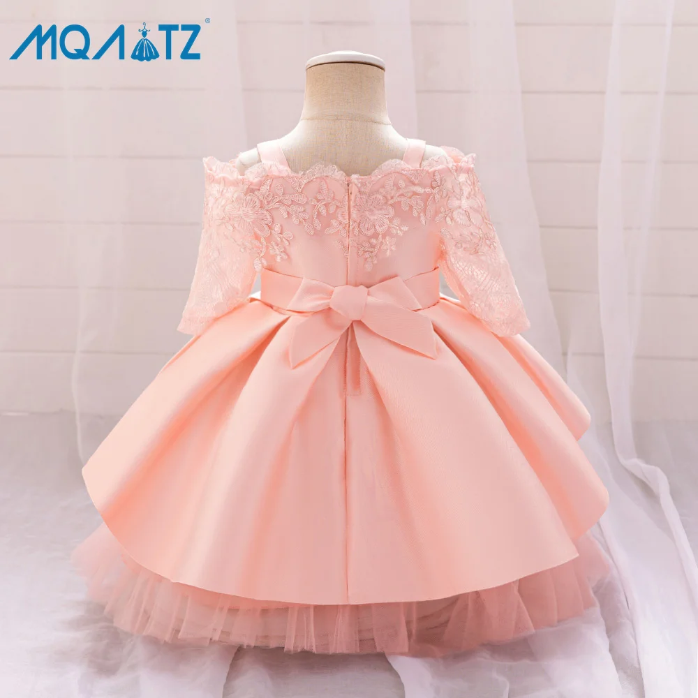 MQATZ Wholesale Baby Pink Flower Dress Girls Satin Western Style Knee-Length 1 Year Birthday Dress