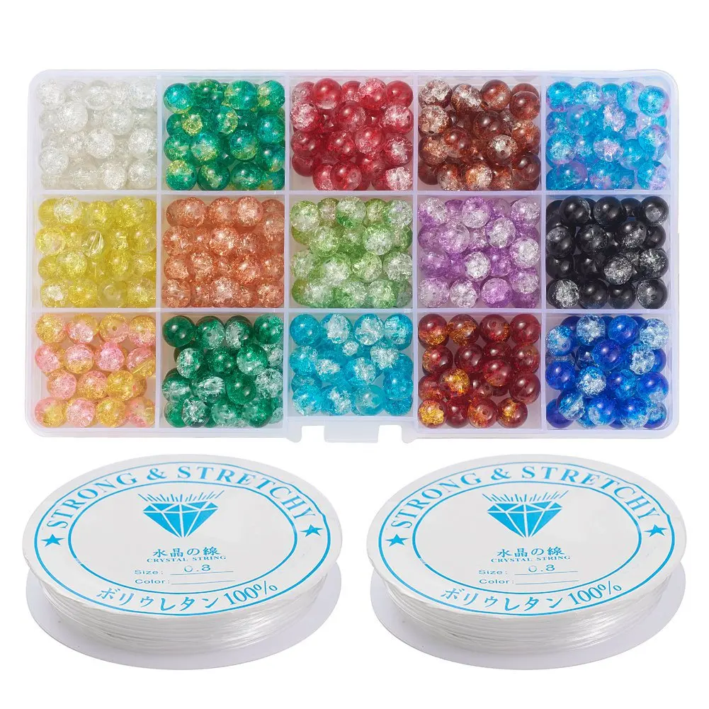 Rawmand 450pcs 8mm Mix Color Glass Beads for Jewelry Making 15 Color Bracelet Beads Round Craft Loose Beads With Elastic Rope