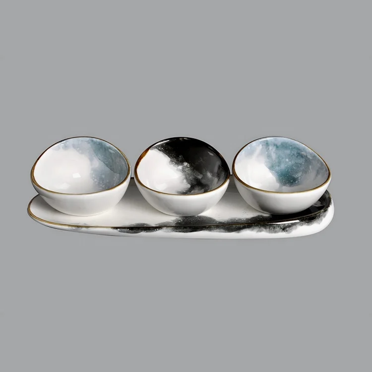 wholesale Porcelain Ceramic abalone shape  Dip Sauce Ramekins Appetizer Tapas bowl with long tray