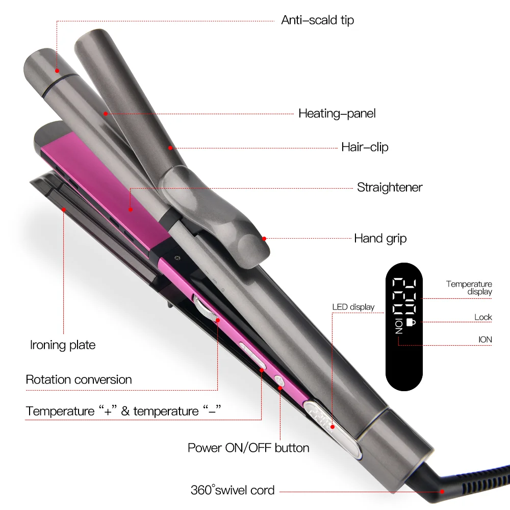 PRITECH Multifunctional 3 in 1 hair curler PTC Heater Ceramic Flat Iron Professional Hair Straightener