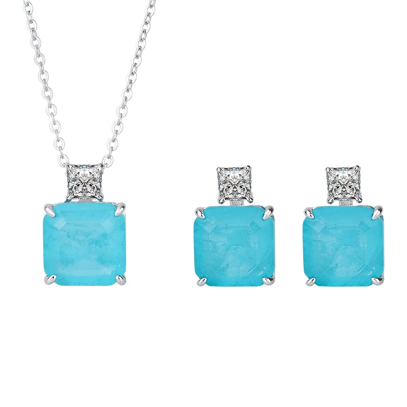 New S925 Sterling Silver Jewelry Set Love Hao Inlaid Blue Fusion Square Shape Necklace Women Fashion Wedding Set