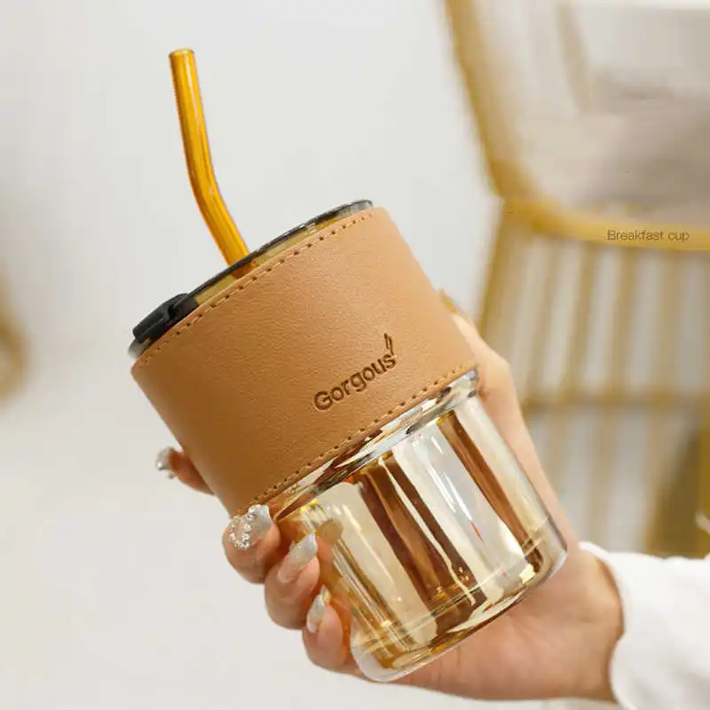Promotional Gift Glassware 450 ml Wind Bamboo Coffee Bottle Tea Milk Glass Bottles Cup With Lid and Straw