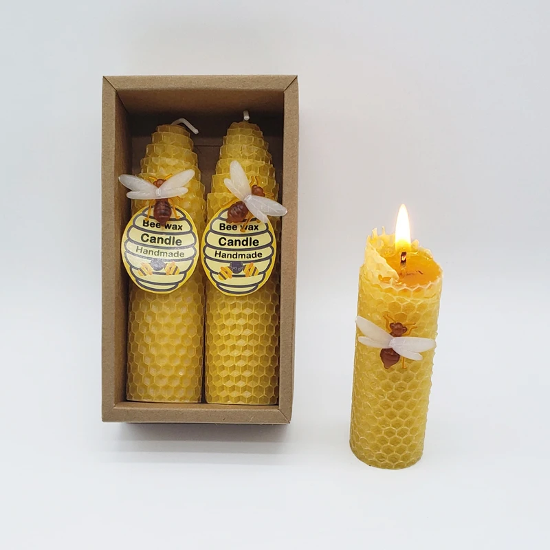 LP13F 4.5inch Hand-rolled pure Beeswax Taper Candles Honeycomb Candles with  personalized label package box
