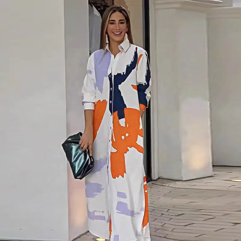 Casual Button-front V Neck Print Single-breasted Printed Split Long Sleeve Loose Shirt Women Maxi Dress Dresses