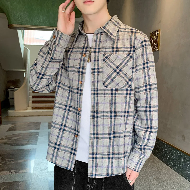 japanese style shirt long sleeve 2021 winter cargo shirts for men casual single-breasted plaid loose shirt men