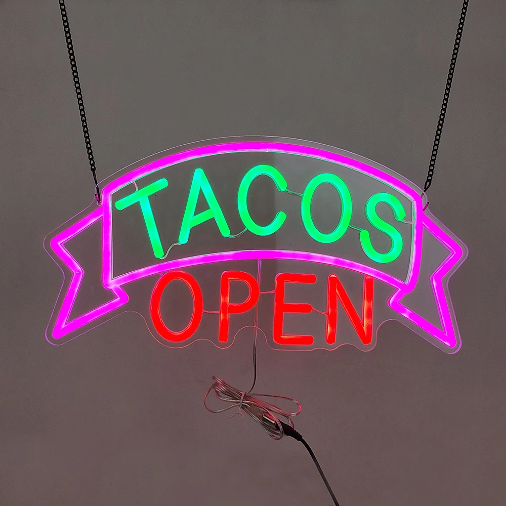Wholesale factory 12V neon sign TACOS OPEN luminous word store billboard decorative letter lights 24*48cm