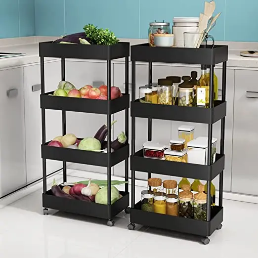 4-Tier Slim Rolling Utility Cart Storage Shelves Trolley Storage Organizer Shelving Rack  Mesh Baskets Wheel Casters