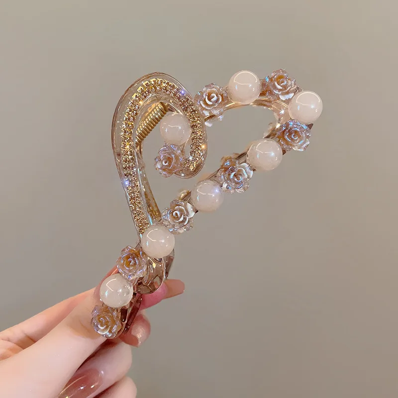 Light Luxury Flower Round Bead Rhinestone Grip Clip Korean Version Heart-shaped Diamond Hair Clip Headpiece for Women