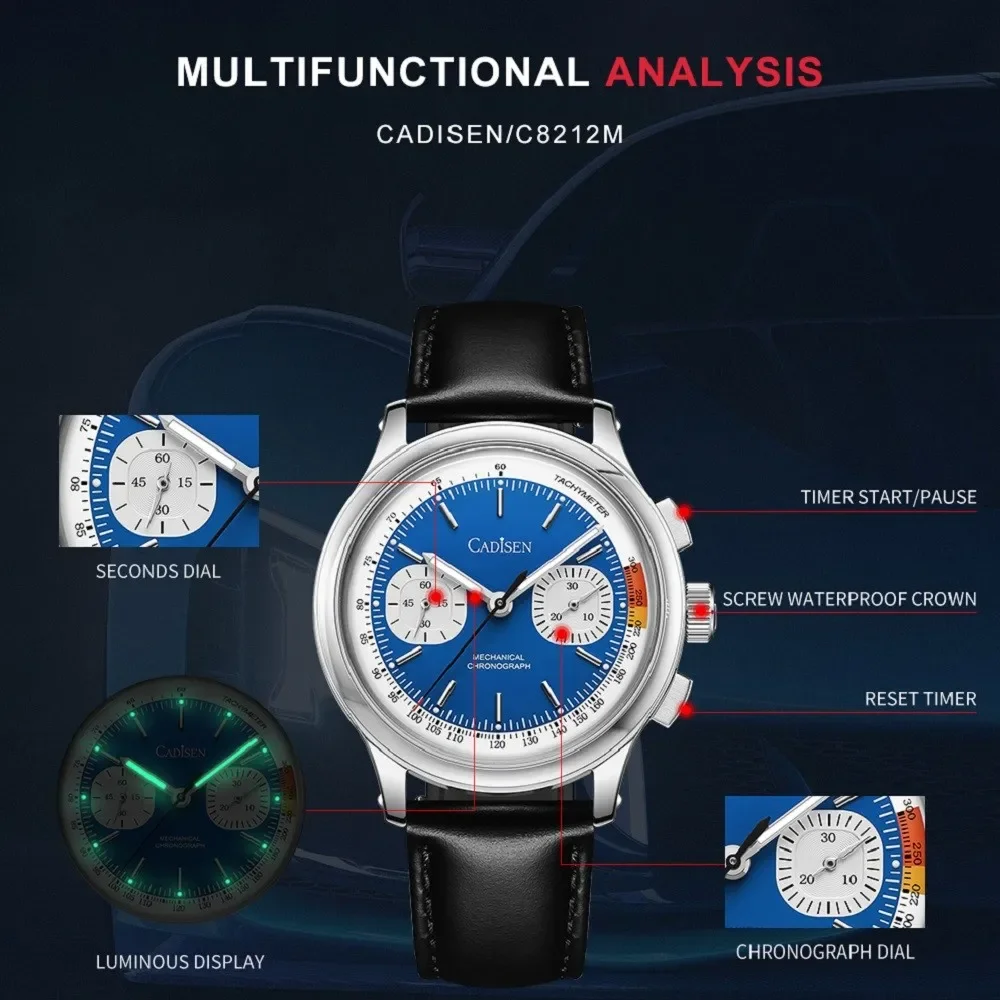 New Mechanical Chronograph Watch for Men Cadisen C8212 Automatic Wristwatch Curved Sapphire Crytal 10atm Waterproof Reloj Hombre