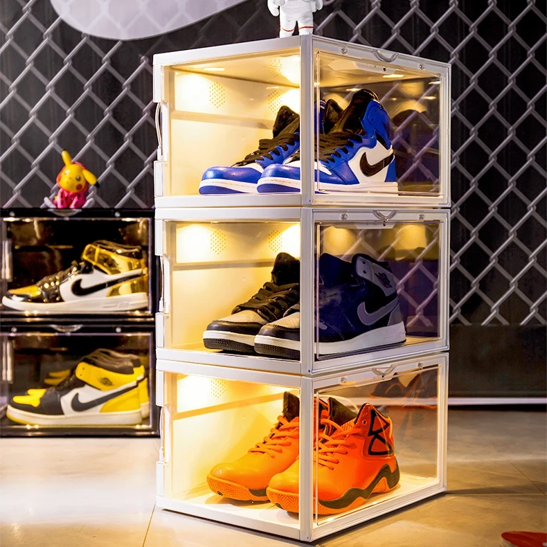 LED Side open Stackable Organizer nike plastic clear shoe containers transparent Acrylic shoe storage box magnetic with custom