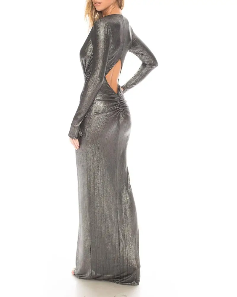 Women Long Sleeve Slim V-neck Evening Dress Metallic Gown With Knotted Front Bodice And Cutout Back