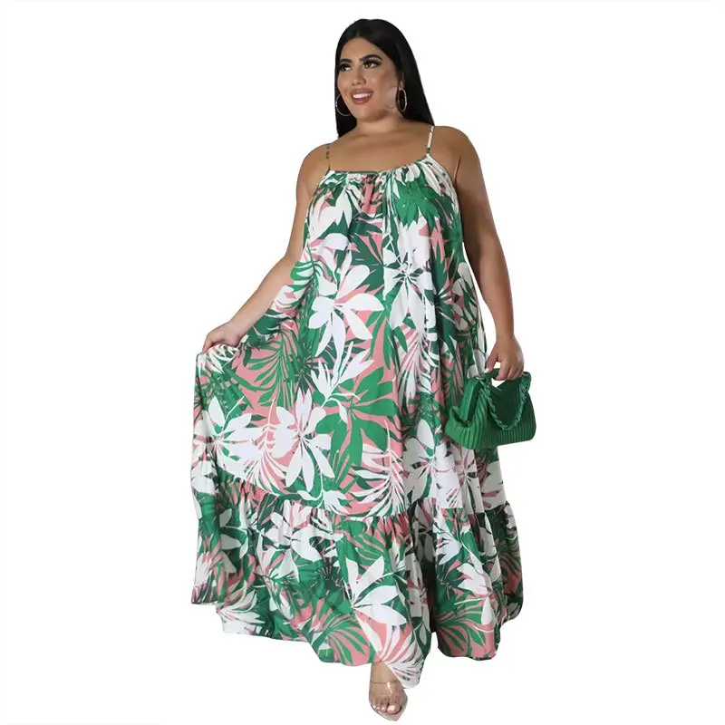 2023 Wholesale  Summer Plus Size Maxi  Sexy Sleeveless Printed Long Halter Dress Women Clothing