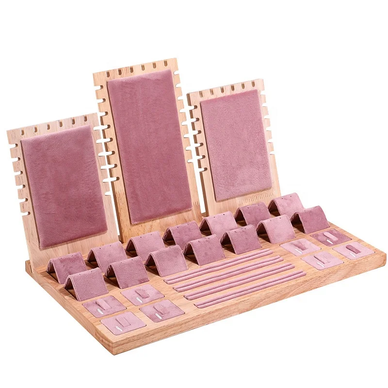 Popular Pink Velvet Suede White Black Leather Bamboo Wooden Jewelry Display Stand  Retail Jewelry Organizer ShowCase