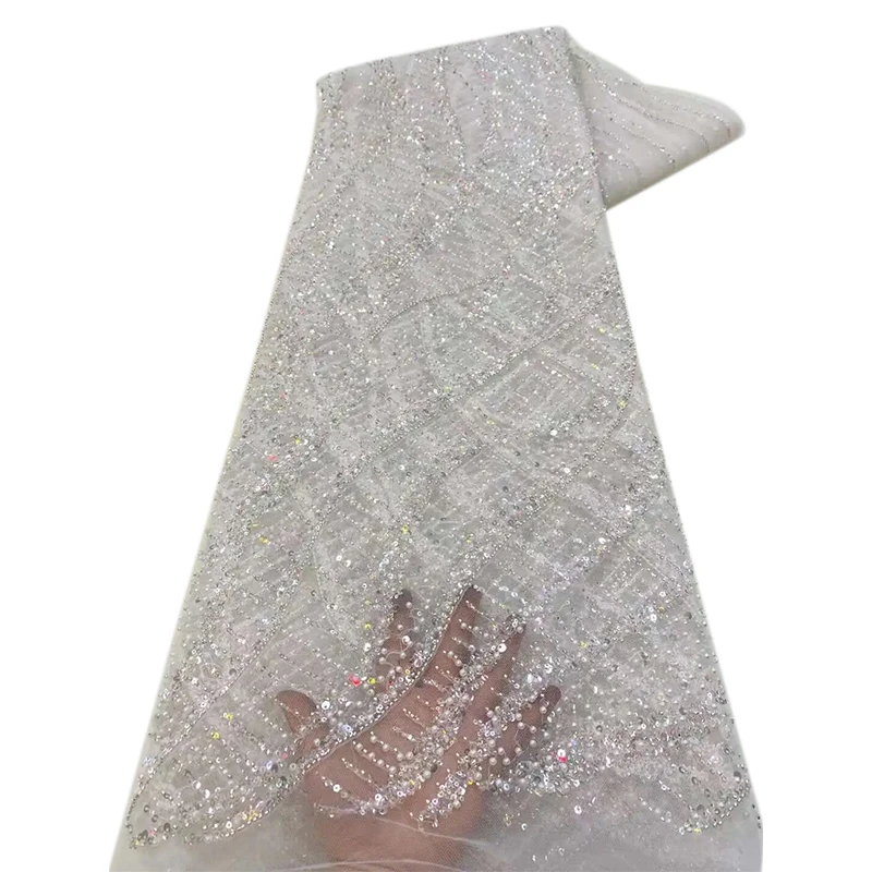 NI.AI New Fashion Beaded Lace Pearls Sequin Fabric Embroidered Sequins Stripe Lace Fabric Net Lace for Dress