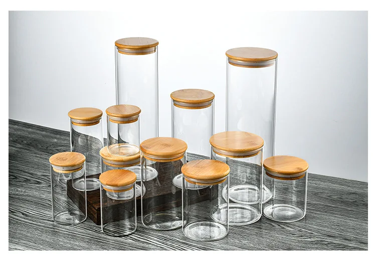 More Specifications Handmade High Borosilicate Airtight Kitchen Glass Storage Jars with Wood Lid Glass Canister for or candy coo