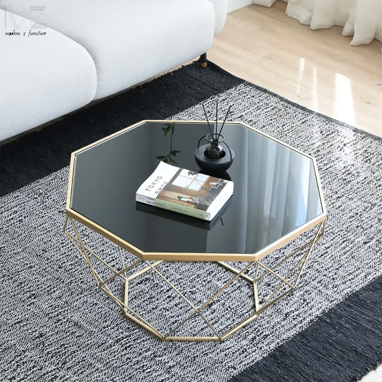 Modern Living Room Octagon Diamond Marble Top Gold Metal Frame Wired Center Coffee Table