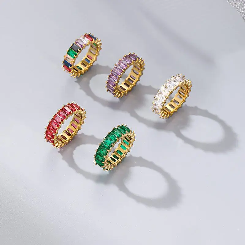 Wholesale Fashion High Quality CZ Pink Green Stone Baguette Jewelry 18K Gold Plated Stainless Steel Cubic Zirconia Zircon Ring