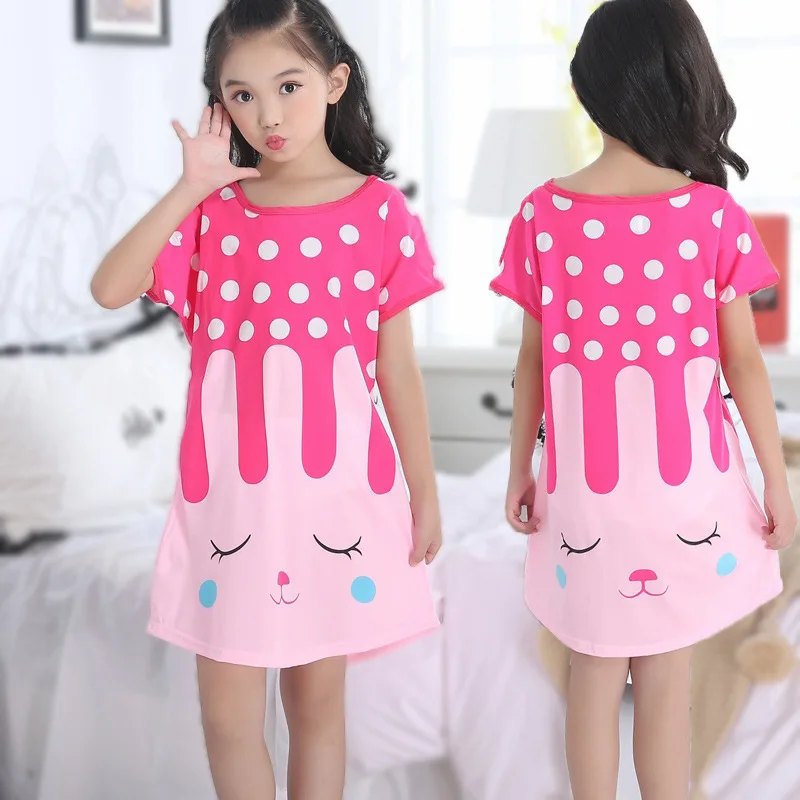 Wholesale Cute Cartoon Summer Girls Wear Thin Short-sleeved Pajamas Nightdress Kids Girls Lovely Indoor Home Dress Sleepwear