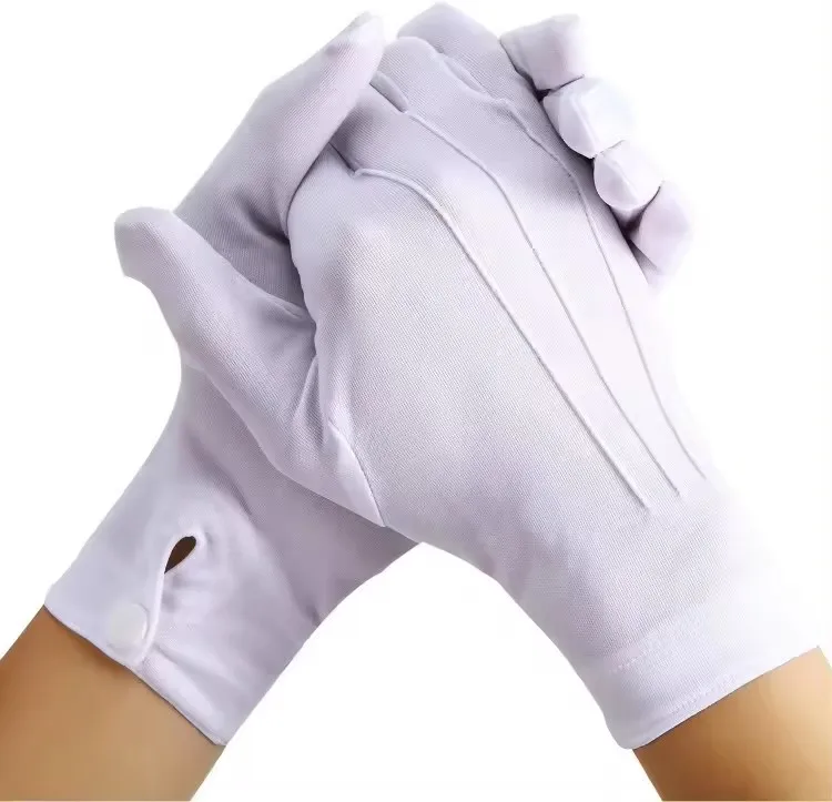 Full Finger 100% Bleached White Cotton Gloves With Button For Etiquette Waiters Drivers Jewelry Workers Mitten Cotton Gloves