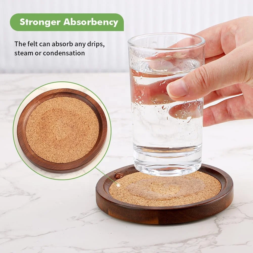 Luxury bar tools acacia wood coaster round wooden beer cup drink coaster kitchen wood cork coaster with holder stand rack