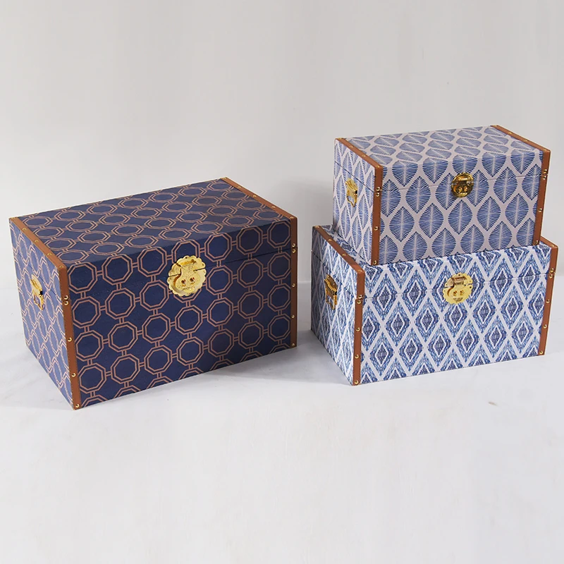 
Home Decor Ornament Blue and White Porcelain Design Rectangle Wooden Base PU Print Set of 3 Storage Trunk 