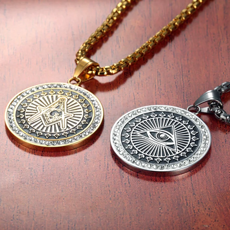 Custom Design Stainless Steel All Seeing Eyes Necklace FreeMason Horus Eye Pyramid Round Rhinestone Pendant