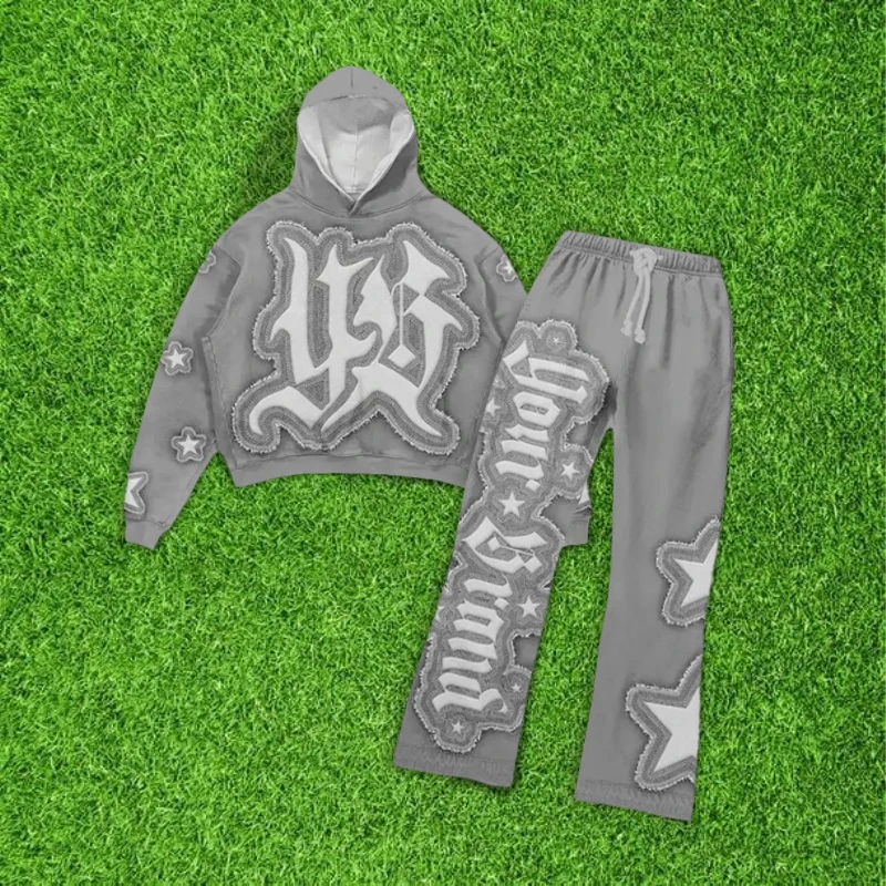 Custom Oversized Hoodies Cropped Embroidery Patch Hoodies Quality French Terry Heavyweight Hoodie Acid Wash Sweatshirt Set Men