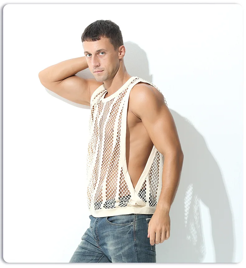 New Style Mens Stylish European Popular Mesh Sexy Sleeveless Breathable Clubwear T Shirt