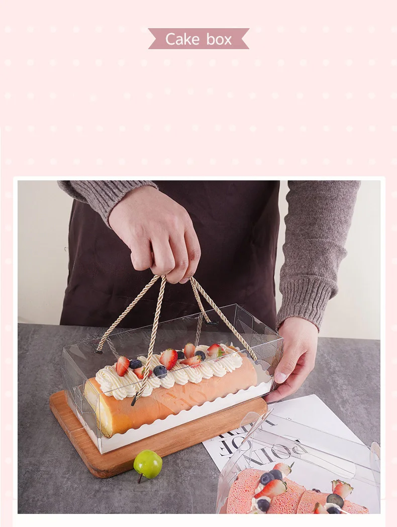 OEM 3in Height Elegant Long Full clear Lid Packaging Boxes Transparent Dessert swiss Roll Cake Pastry Box with Handle