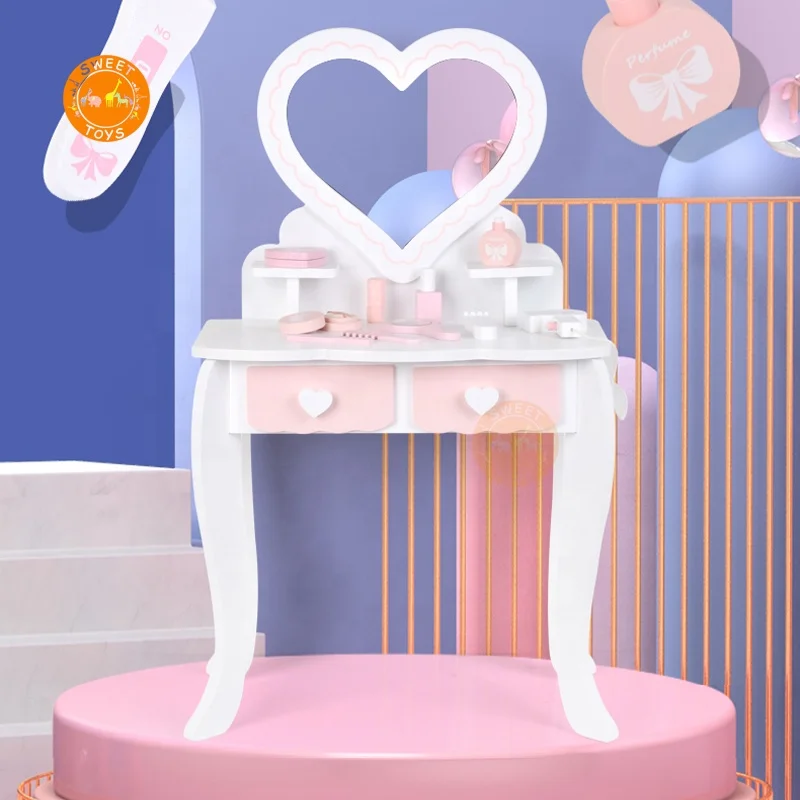 Wood Makeup Dressing Table Toy  Wooden Dresser  Role Play Toy  Princess Cosmetics Gift Set for Girls