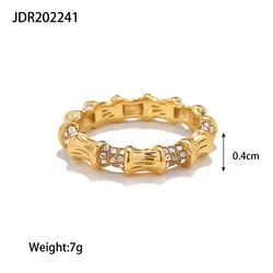 New 18K Gold Plated Stainless Steel Jewelry Dainty Bamboo Uneven Design White Diamond Rings For Women