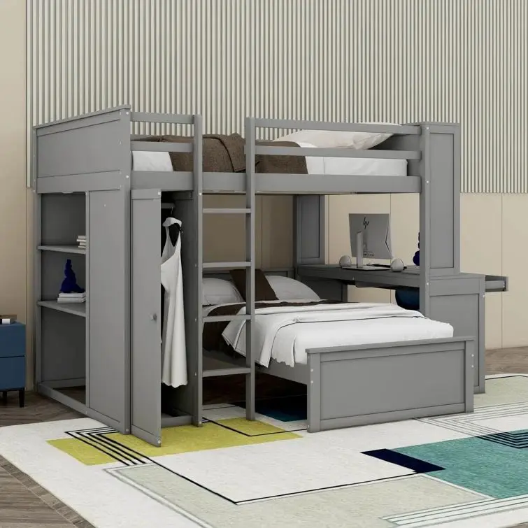 Modern Home Furniture Wooden Bedroom Bunk Loft Bed Fram Furniture Full Size Bunk Bed with Twin Study Desk