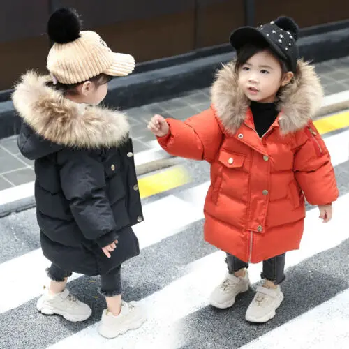 
Boys Girls Kids Padded Coat Winter Jacket Puffer Fur Hooded Long Parka Coats 