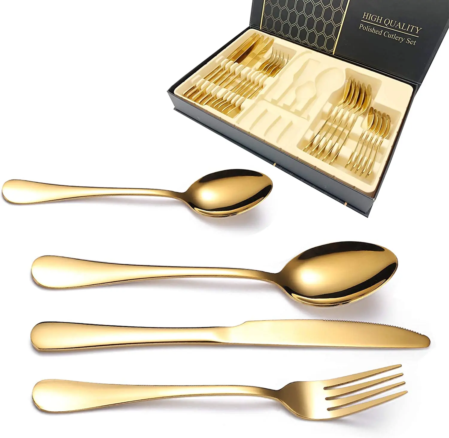 Europe Style Mixed Sliverware Champagne 6 Person Wedding Royal Reusable 24 Pieces Gold Cutlery Set With Gift Box
