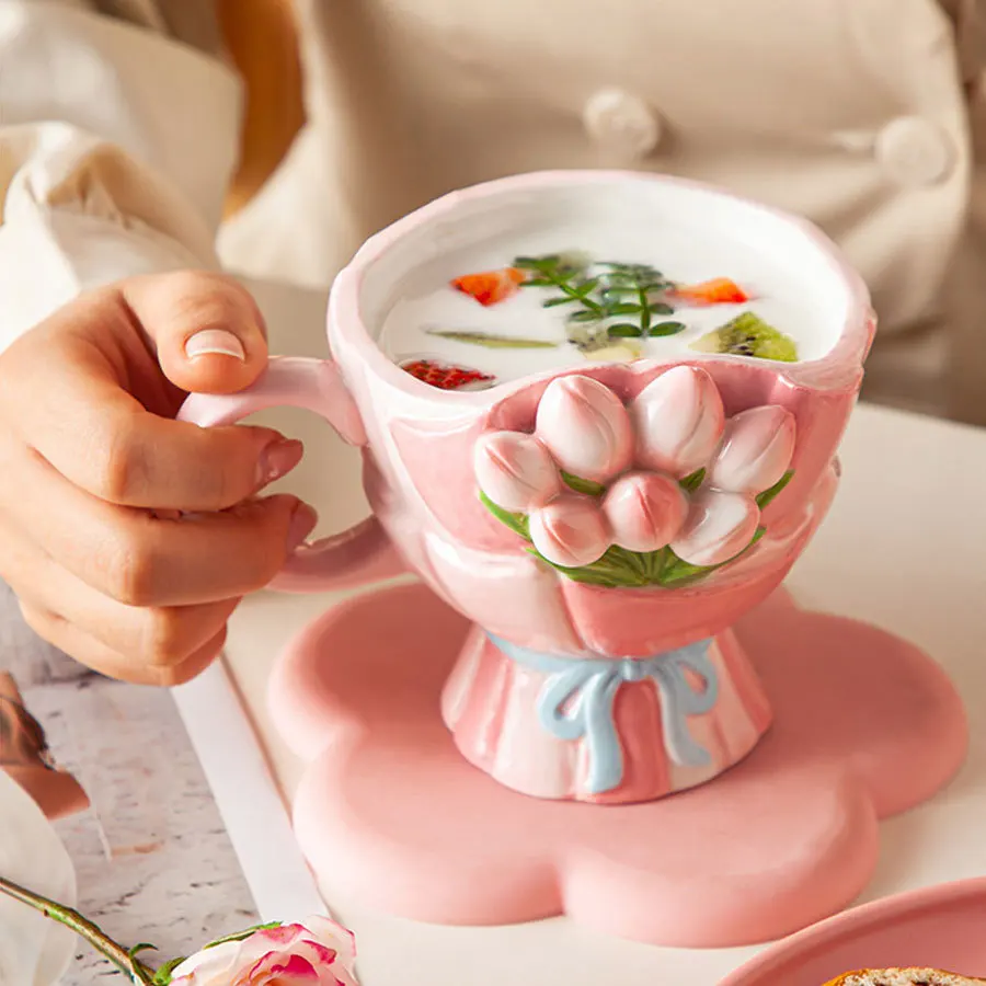 360ml Ins Korean 3D Relief Hand Pinched Irregular Tulip Flower Oatmeal Breakfast Mug Drinkware Ceramic Coffee Tea Cup Mugs
