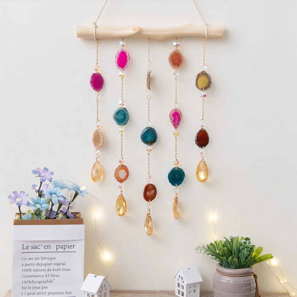 Wholesale Agate Wooden Stick Wall Hanging Dream Catcher Room Window Wind Chimes Crystal Agate slices Crystals Sun Catcher SC060