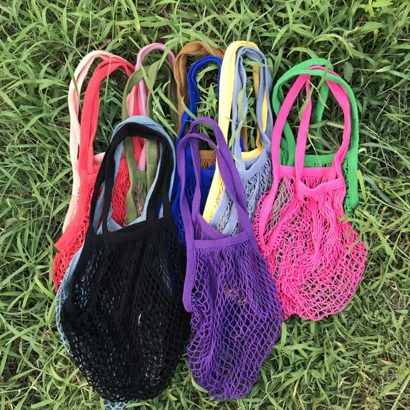 Premium Cotton String Bags for Farmers Market, Produce, Grocery or Beach Trip Handbag Long Handle Net Tote Fruit Mesh Bag
