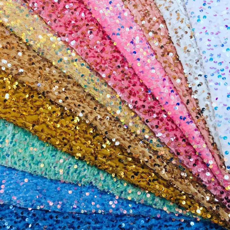 In Stock 37 colors 5mm large Shiny Multi-color Holographic 100Polyester Stretch Embroidered Sequin Velvet Fabric for Dress