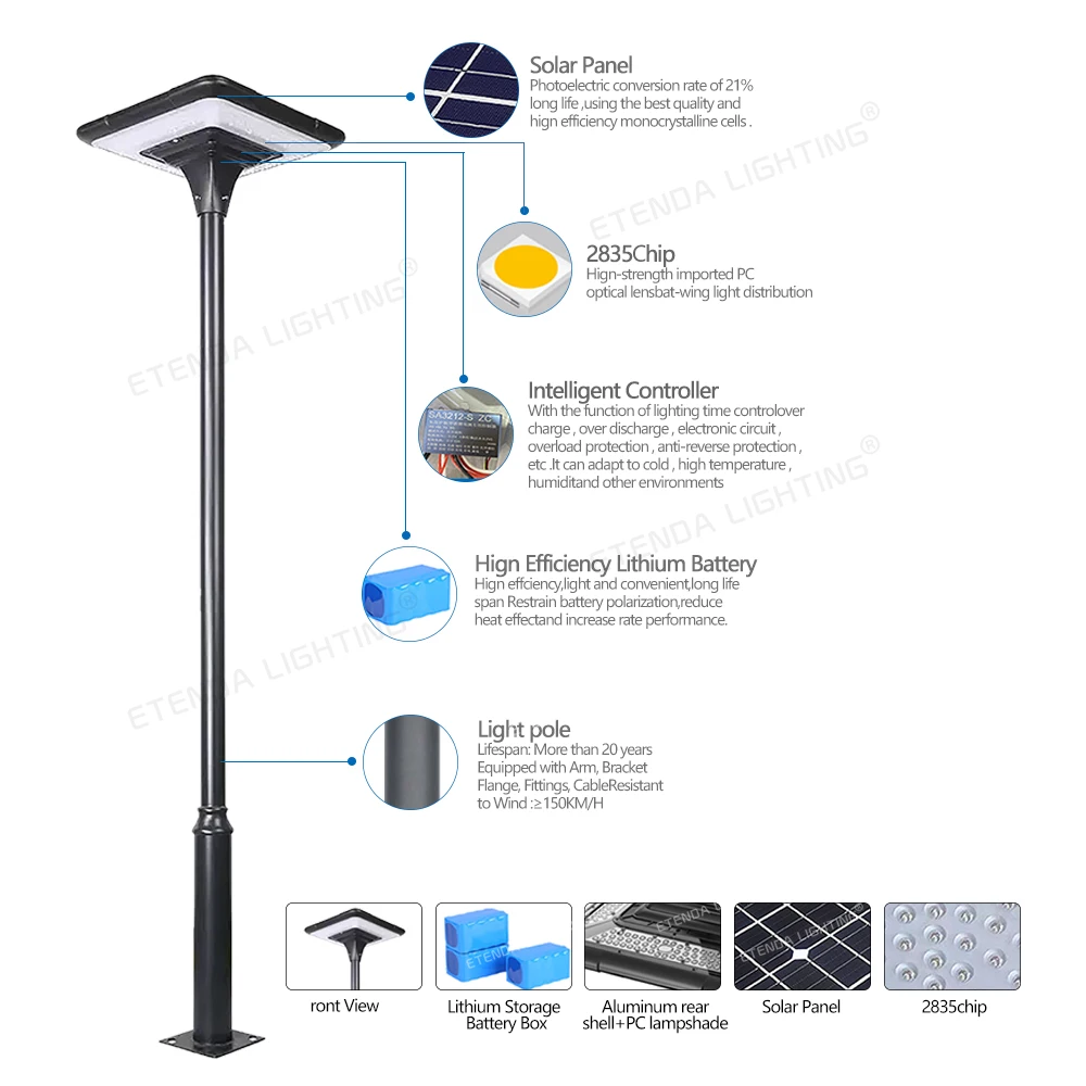 Outdoor Path Lighting Waterproof Ip67 300w 200w 100w Solar Lamps All In One Led Solar Pillar Light