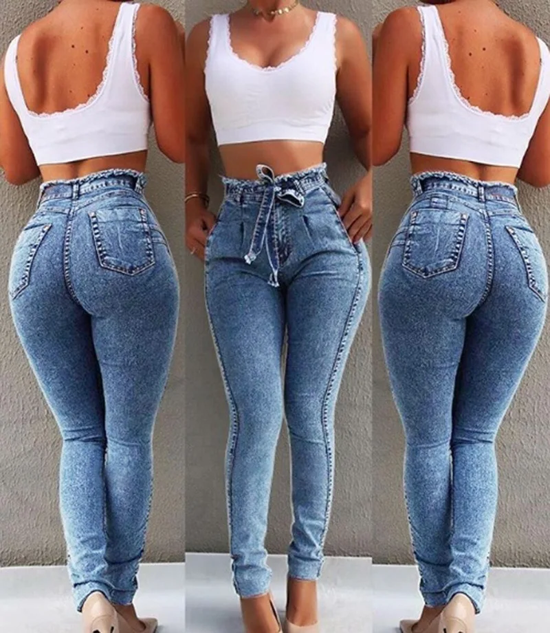 
Customized Vintage Mom High Waist Tassel Belt Slim Stretch Denim Women Jean Pant Clothes 