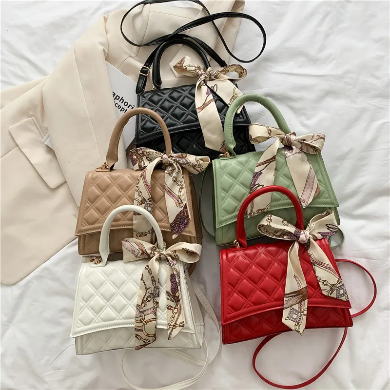 New Fashion Summer Designer Korean Casual Tote Women Messenger Waffle Bag Scarf Shoulder Handbag Ladies