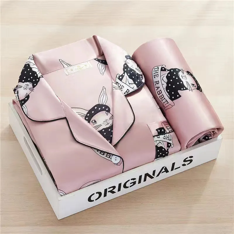 Ice silk pajamas women spring and autumn long-sleeved sweet summer ladies simulation silk student plus size home service suit
