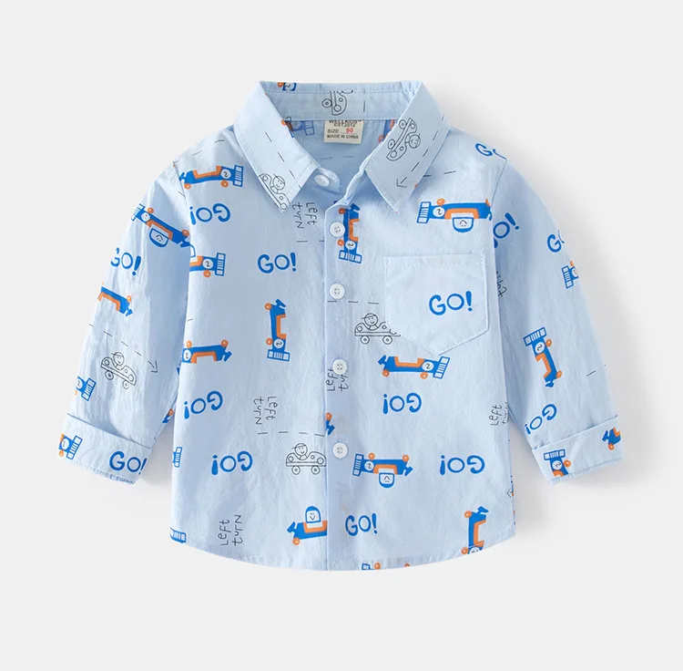 Boys Kids Long-Sleeved Shirt Clothing Cute Cartoon Dinosaur Cars Bears Polo Shirts With Button