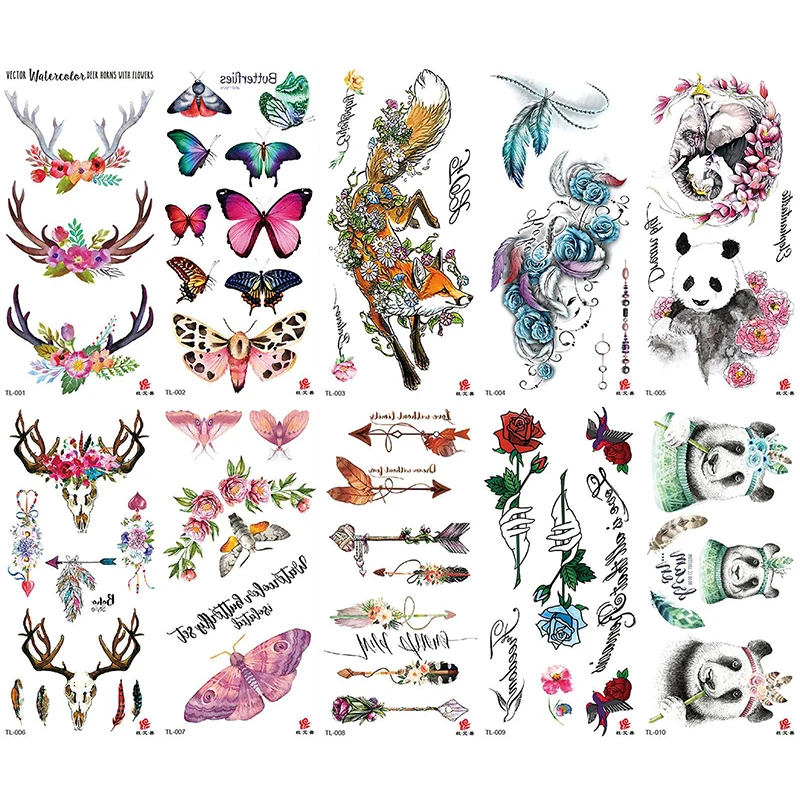 2021 Новые водонепроницаемые тату-наклейки, временные натуральные тату-трафареты, рукав, олень, Бакхорн, панда, лиса, цветок, мотыль, Бабочка, Стрела