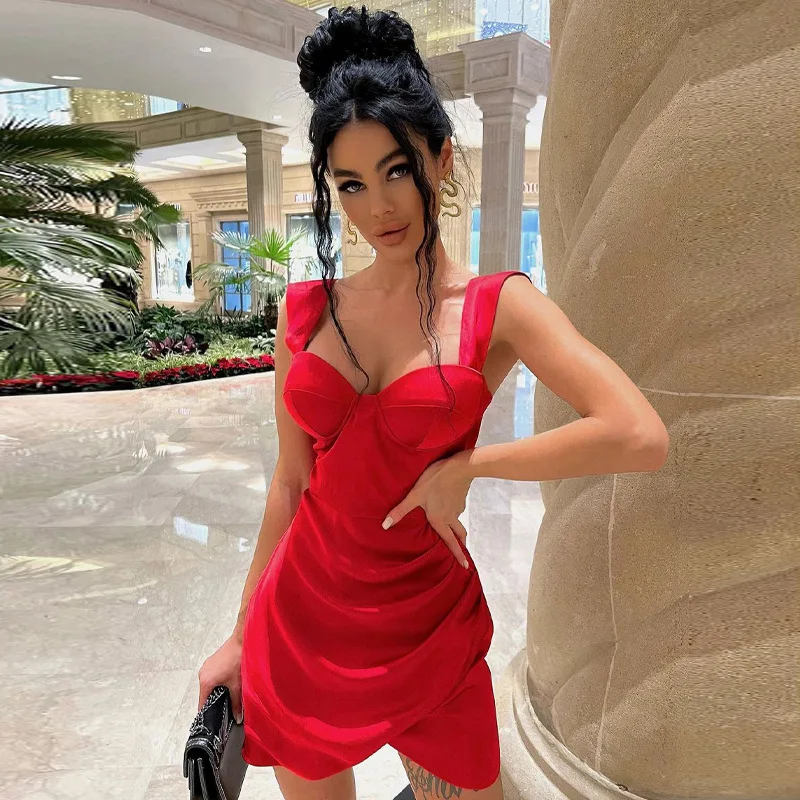 L000579Y Spring Sexy Push Up Girls Party Dresses Solid Sleeveless Satin Mini Female Dress Fashion Elegant Pleated Skirt Club